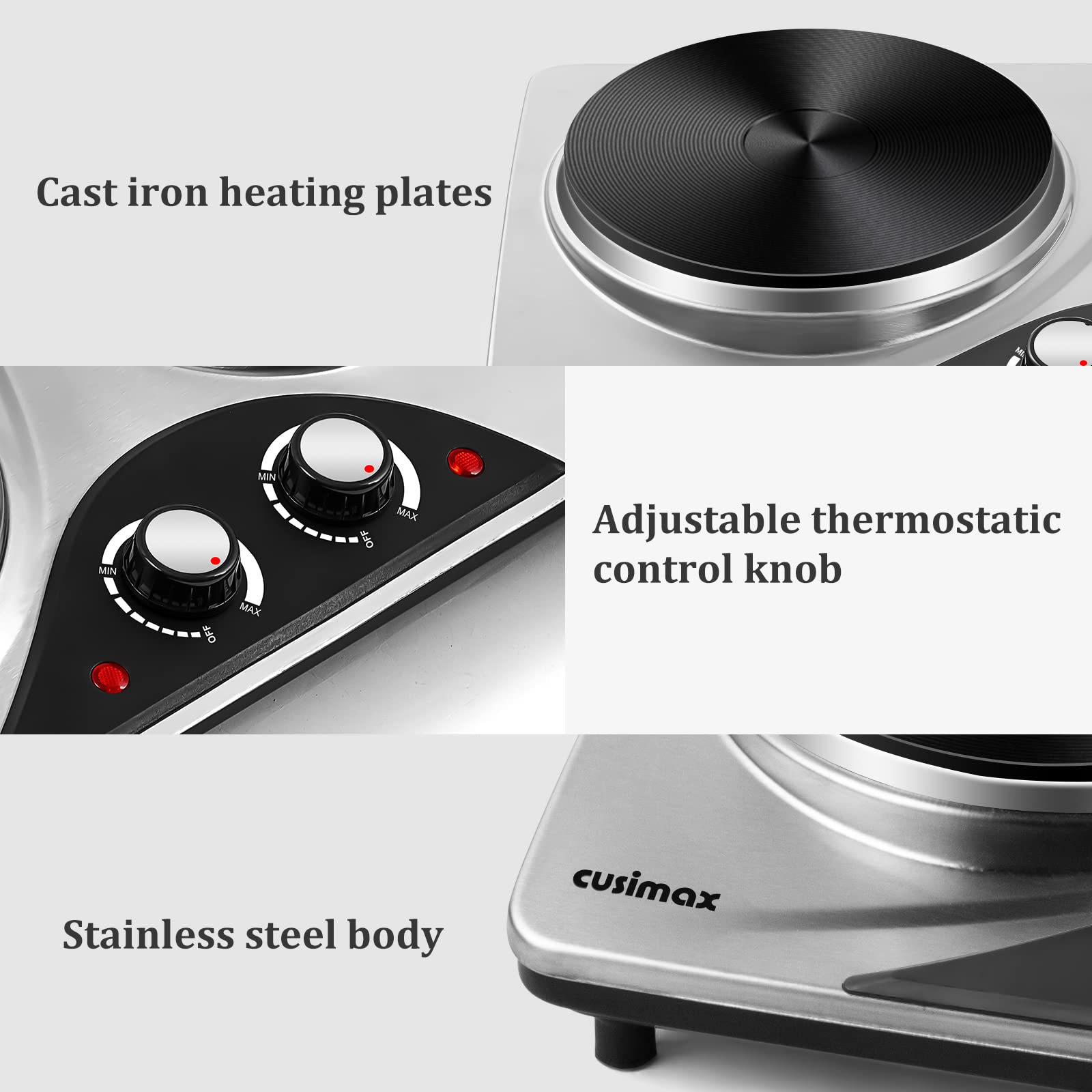 Cusimax 1800W Electric Double Hot Plate,Countertop Cast Iron Burner,Temperature Controls,Power Indicator Lights,Easy To Clean,Silver