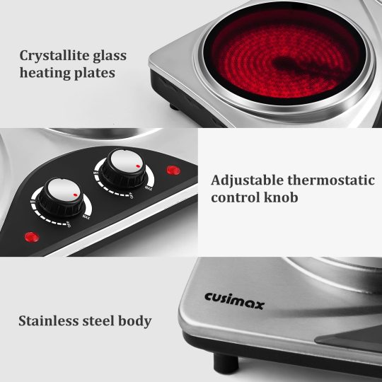 Cusimax 1800W Ceramic Hot Plate Cooktop,Electric Stove Double Burner