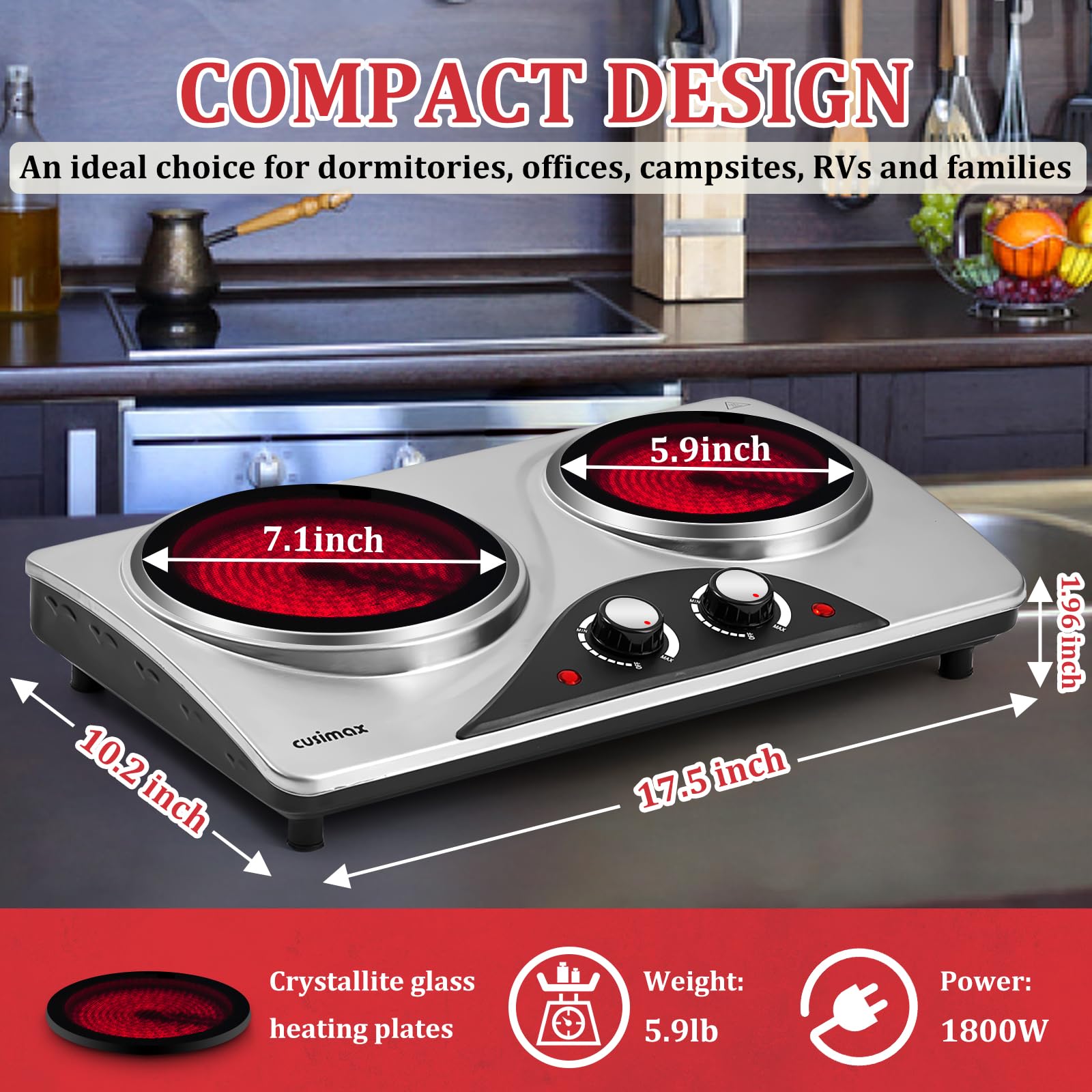 Electric Hot Plate for Cooking, Infrared Double Burner,1800W Portable  Electric Stove,Heat-up In Snds,Countertop Cooktop for Dorm Office Home  Camp, Compatible with All Cookware