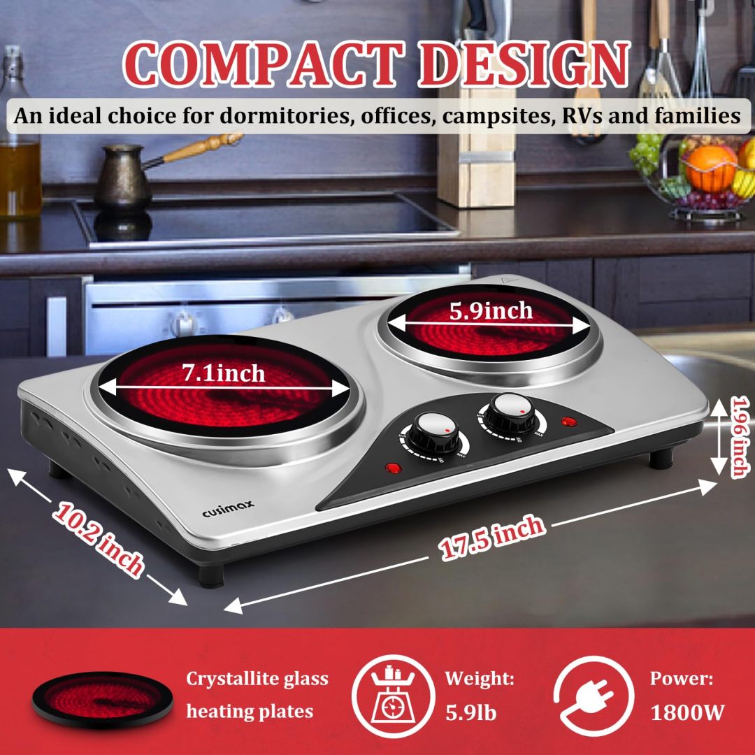 Cusimax 1800W Ceramic Hot Plate Cooktop,Electric Stove Double Burner