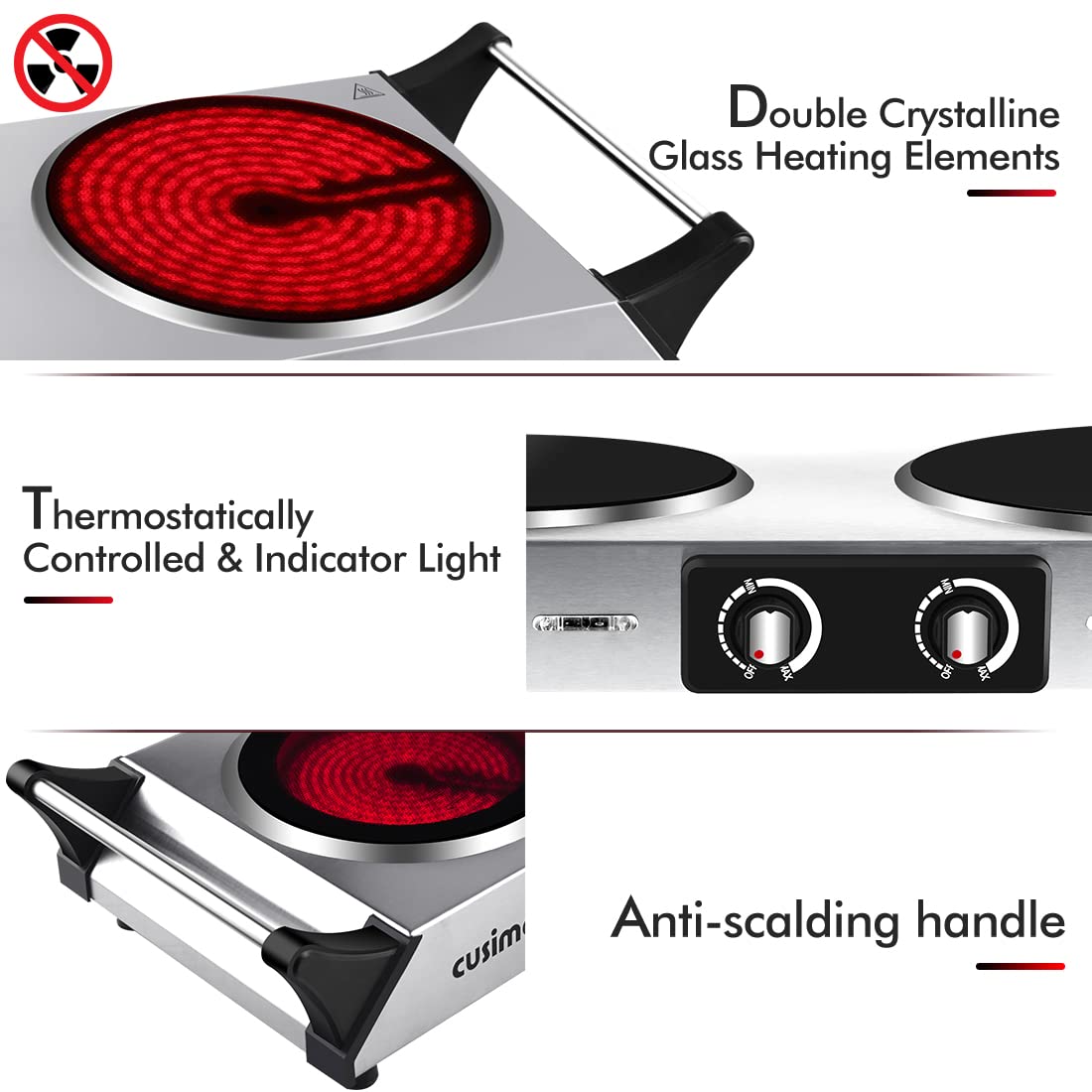 Cusimax 2100W Portable Ceramic Dual Hot Plate with Handle(UK)