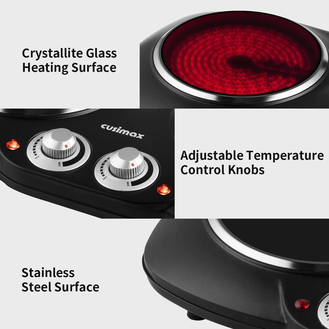 CUSIMAX Plaque De Cuisson Double 2100W - 2 Foyers Vitrocéramique (18cm + 15cm) - Chauffage Infrarouge - Thermostat Réglable - Inox