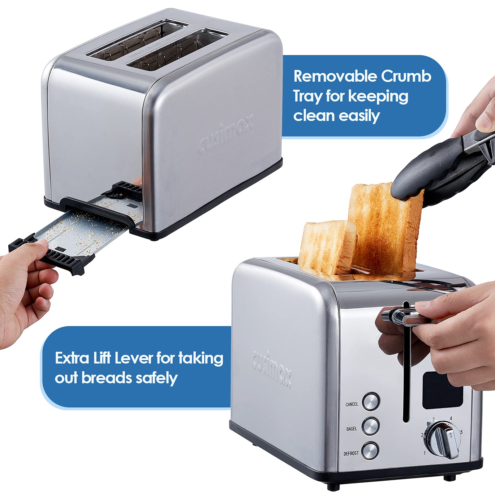 Cusimax 2 Slice Silver Stainless Steel Toaster With Large LED Display-Cusimax