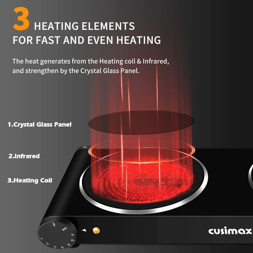 CUSIMAX Placa de cocción eléctrica de cerámica de 1800 W, placa infrarroja  de doble control, quemador portátil para encimera, cocina eléctrica con