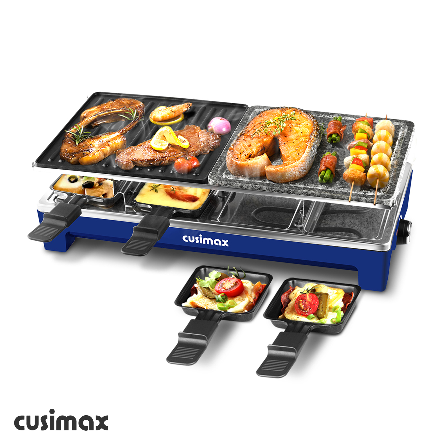 Cusimax 1500W  Indoor Portable 2 in 1 Blue Half Stone Electric Raclette Grill-Cusimax
