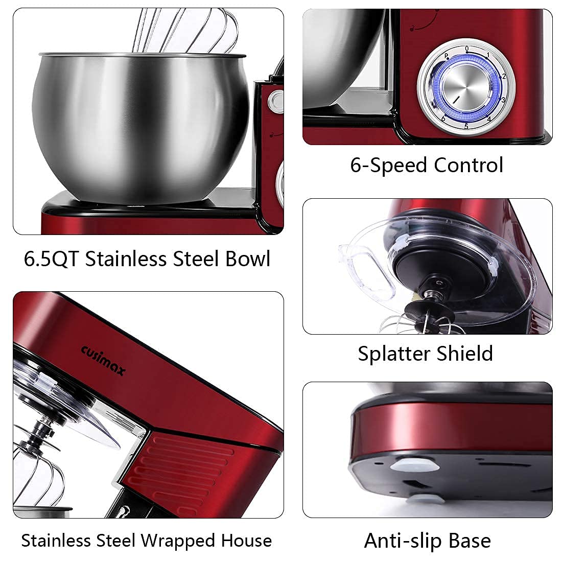 Cusimax Red Stainless Stand Mixer With 6.5-Quart-Cusimax