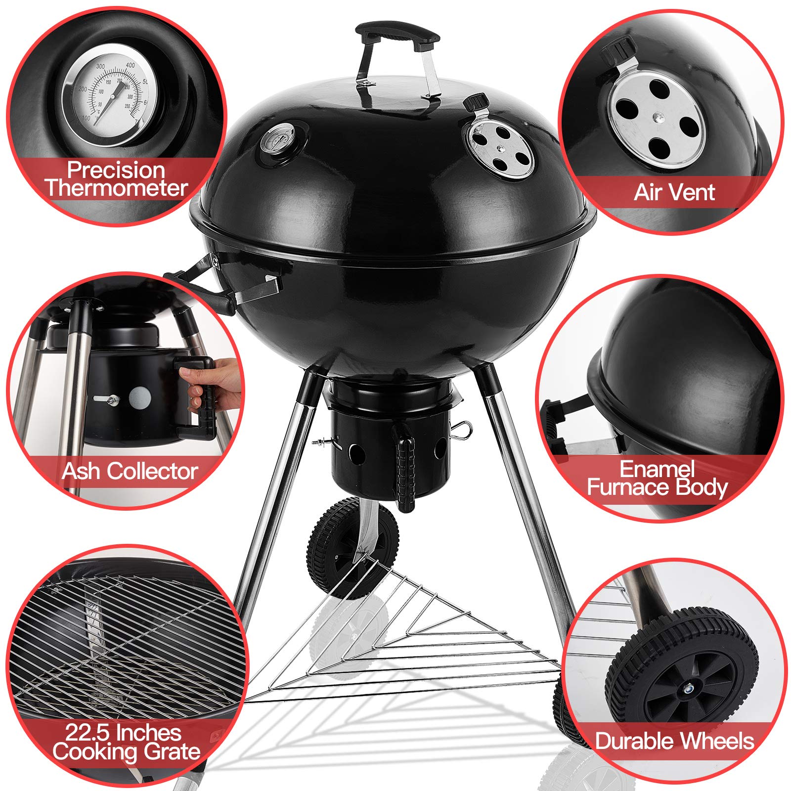 Cusimax 22.5 Inch Black Portable Charcoal Grill-Cusimax
