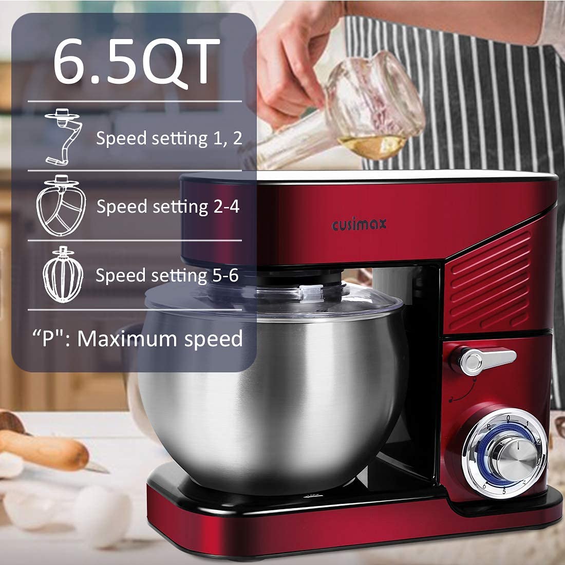 Cusimax Red Stainless Stand Mixer With 6.5-Quart-Cusimax