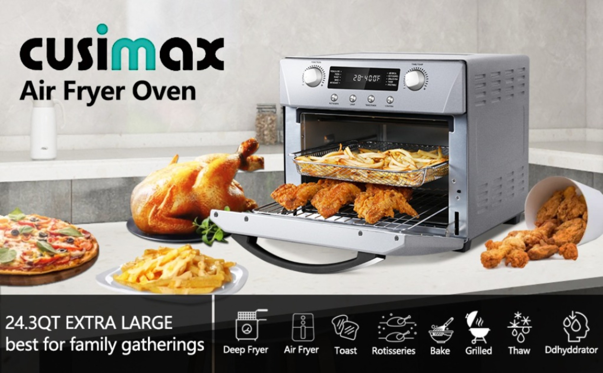 Cusimax Air Fryer Toaster Oven Combo 10-in-1 Functions Smart 24.3 Quart  Large Combo Countertop Toaster Oven with Rotisserie & Dehydrator, Rich  Accessories