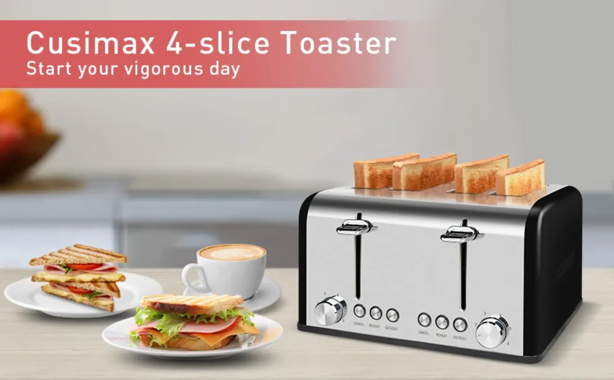 Cusimax Stainless Steel Toaster 4 Slice with Long Extra Wide Slots & R