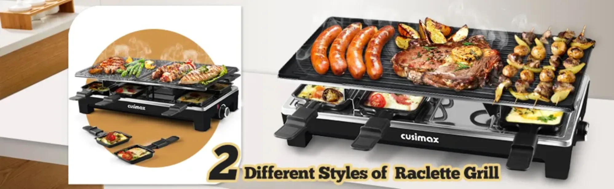 Cusimax 1500W Black Indoor Portable 2 in 1 Electric Raclette GrillCusimax