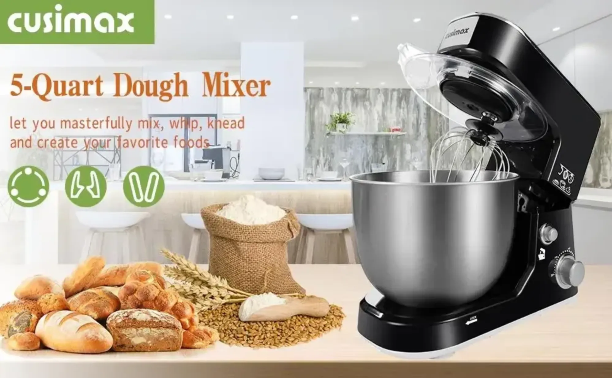 Stand Mixer, CUSIMAX Dough Mixer Tilt-Head Electric Mixer with 5-Quart  Stainless Steel Bowl, Dough Hook, Mixing Beater and Whisk, Splash Guard