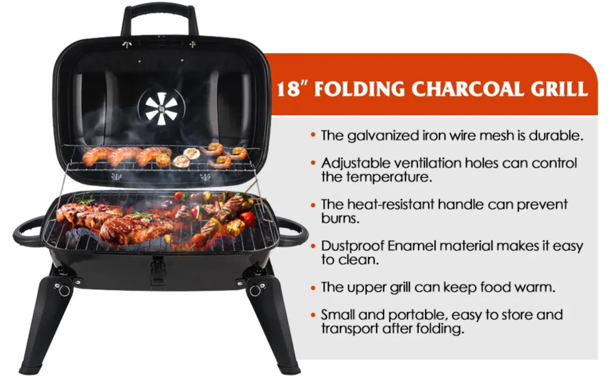 CUSIMAX Charcoal BBQ Grill, Portable Small Grills and Smokers Folding  Tabletop Grills, for Camping Patio Backyard and Anywhere Outdoor Cooking