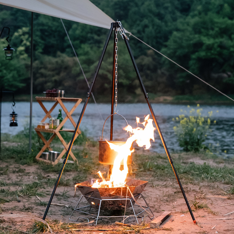 Outdoor camping bonfire tripod Bold aluminum alloy hanging pot bracket Height-adjustable picnic pot rack