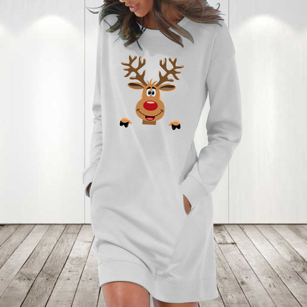 Novo vestido de manga comprida com estampa de feliz natal, decote redondo e ombro caído