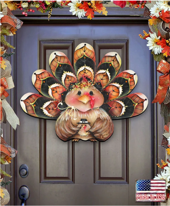 Decorações de Ação de Graças, Decorações de Ação de Graças de Outono, Cabide de porta de madeira com guirlanda de peru, Preço Jamie Mills - Decoração de parede 8457702H