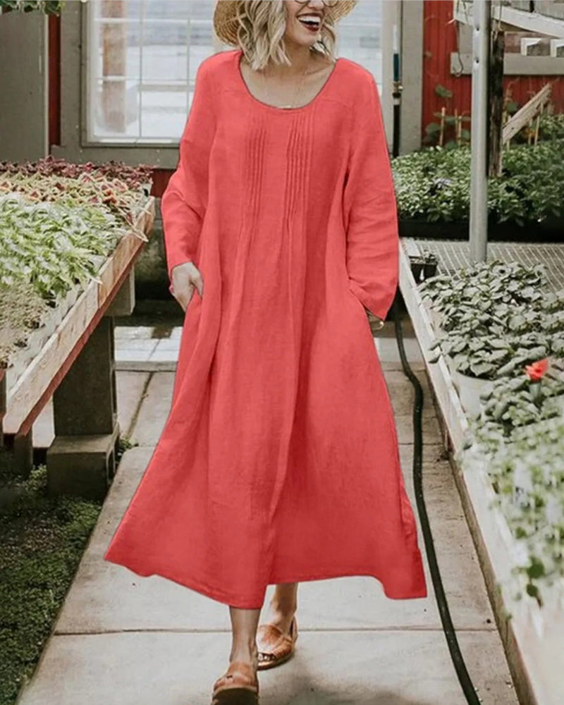 Vestido de manga comprida sólido com decote redondo e bolso franzido