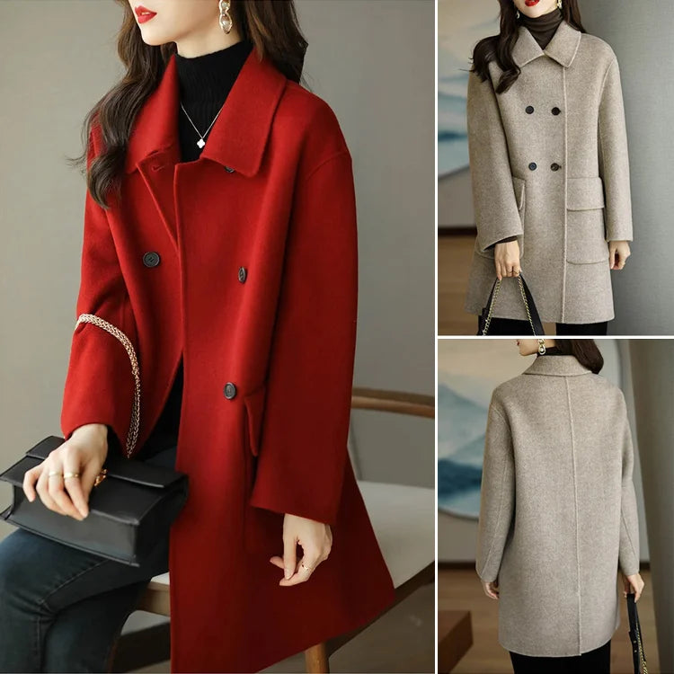 Casaco feminino elegante de lã de comprimento médio sofisticado