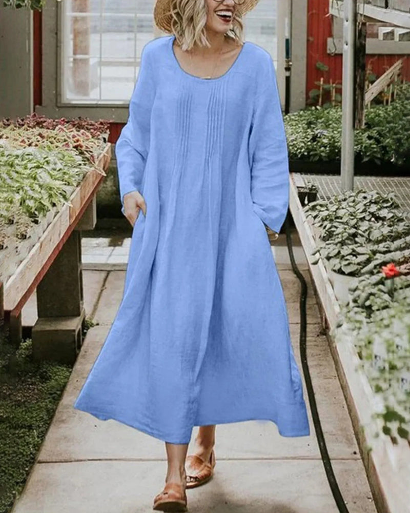 Vestido de manga comprida sólido com decote redondo e bolso franzido