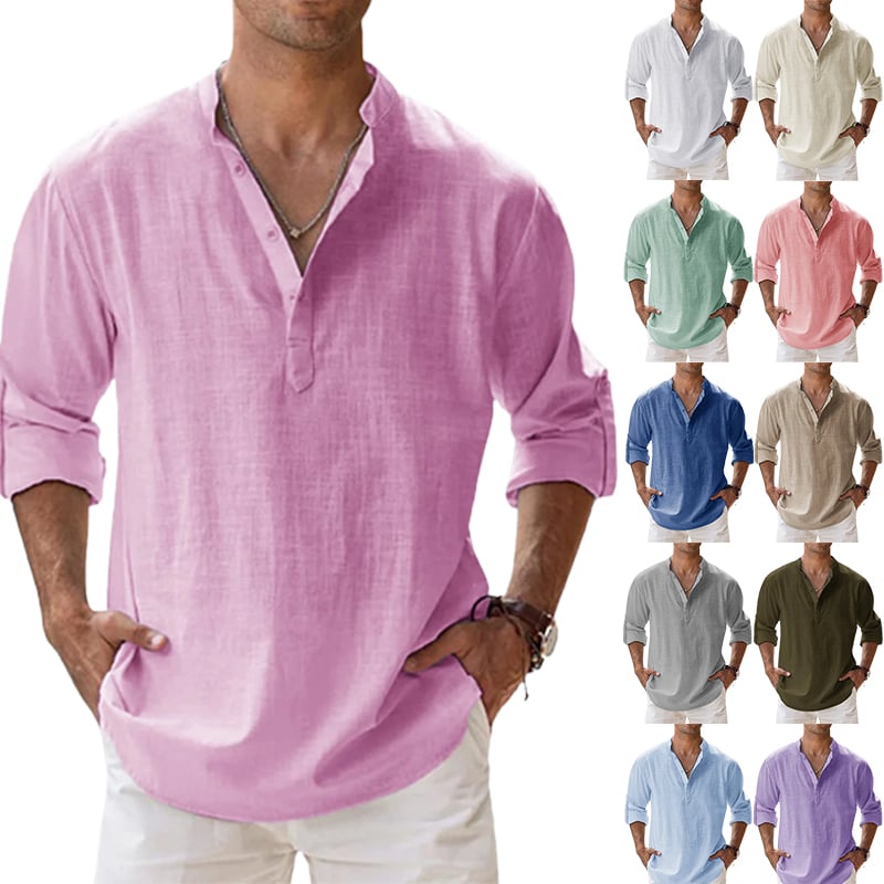 Camisa masculina casual de manga longa de linho de algodão
