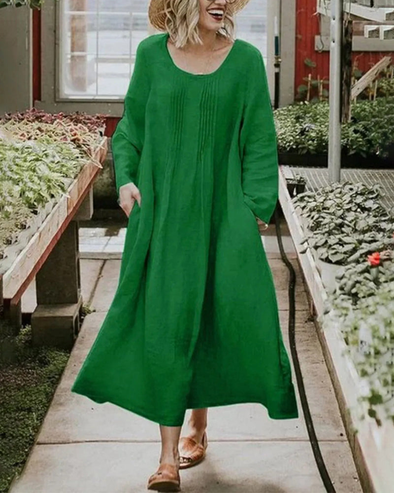 Vestido de manga comprida sólido com decote redondo e bolso franzido