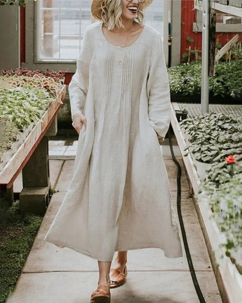 Vestido de manga comprida sólido com decote redondo e bolso franzido