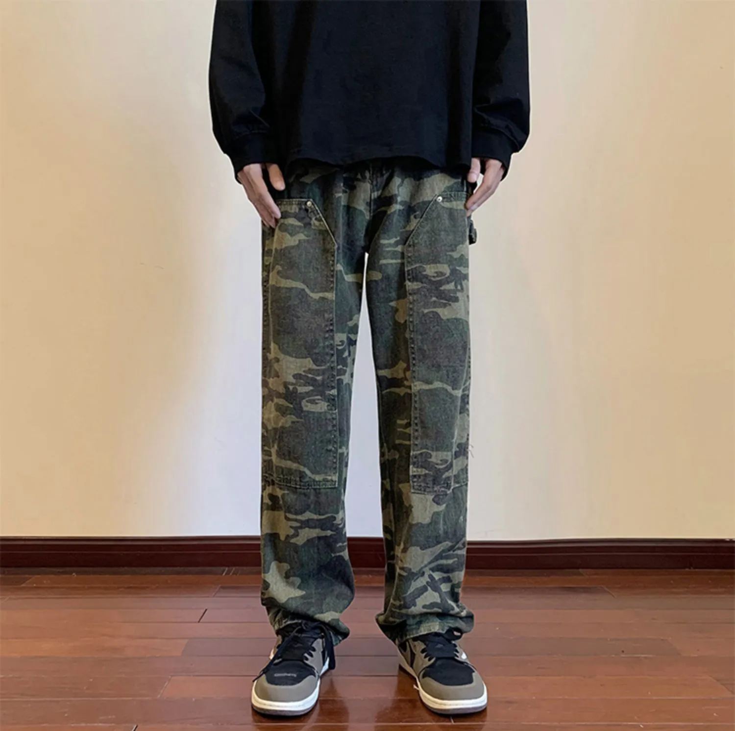 Camo overalls are loose