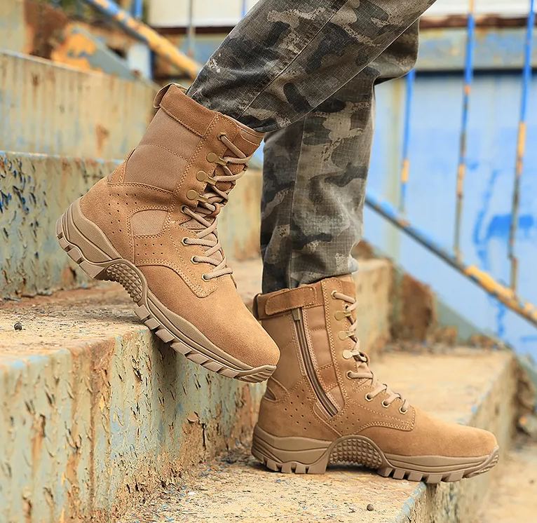 Brown combat training boots cowhide waterproof outdoor hiking shoes