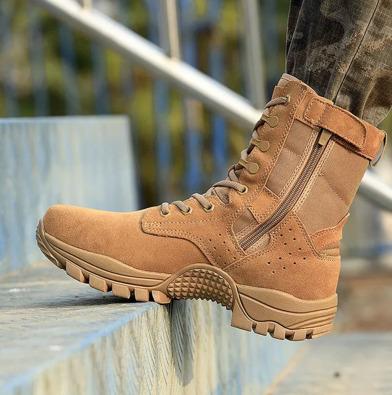 Brown combat training boots cowhide waterproof outdoor hiking shoes