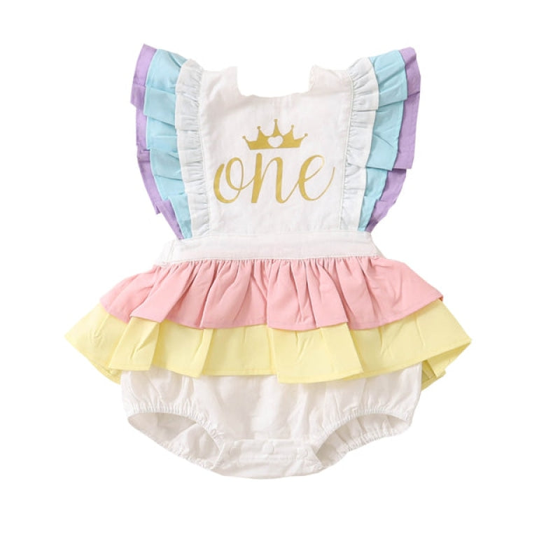 Wholesale Baby Girl Ruffle Lace Sleeveless Gold Letter Jumpsuit-eebuy