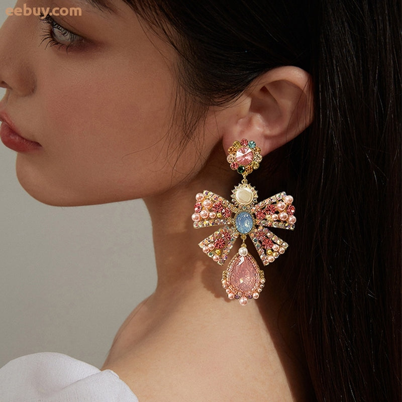 Wholesale Luxury Pink Rhinestone Bowknot Drop Earrings-eebuy