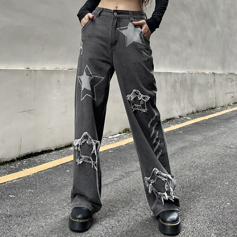 Wholesale Star-patch frayed denim wide-leg pants-eebuy