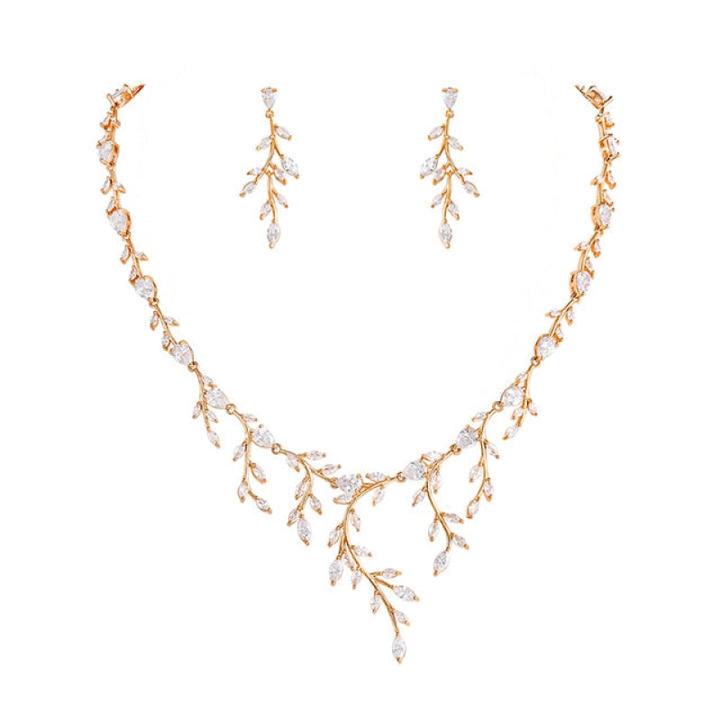 Wholesale Zircon Bridal Leaf Necklace and Earrings Wedding Set-eebuy
