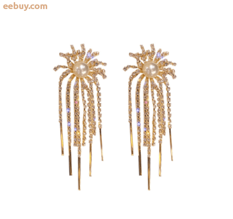 Wholesale Full Diamond Firework Tassel Pearl Earrings-eebuy