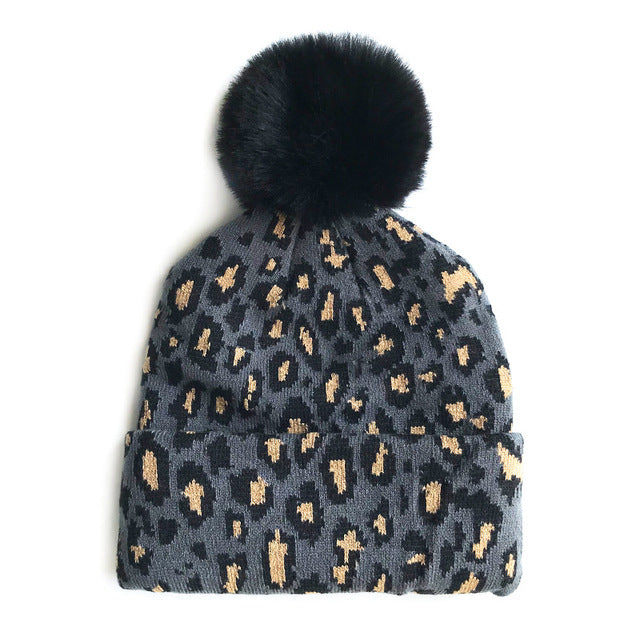 Wholesale Leopard Print Baby Winter Hat Girls Pom Pom Knit Cap-eebuy
