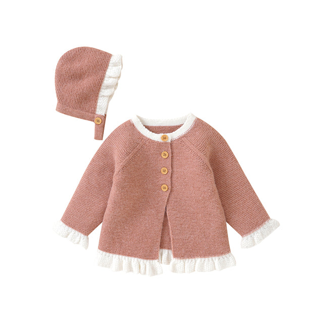 Wholesale girls knitted sweater with hat ruffle cardigan top-eebuy