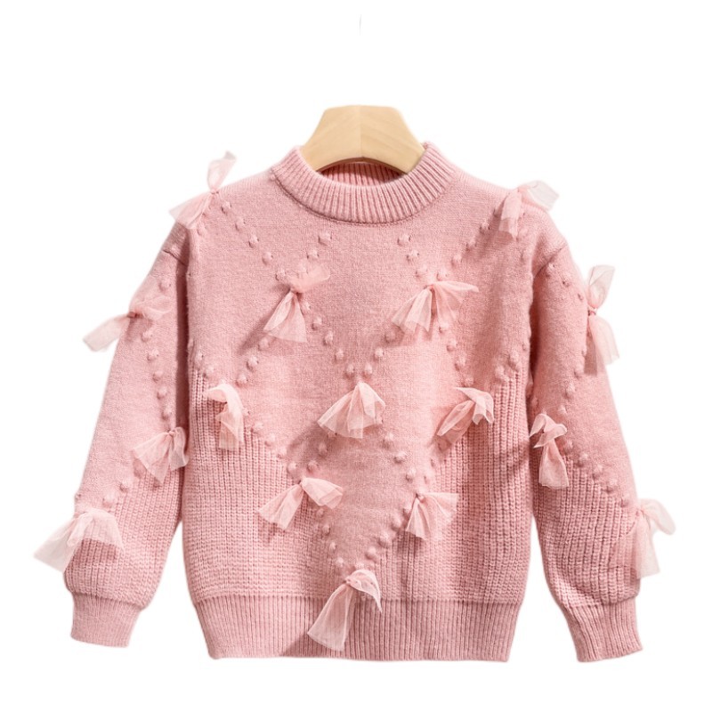 Girls Lace Bowknot Argyle Cable Knit Sweater