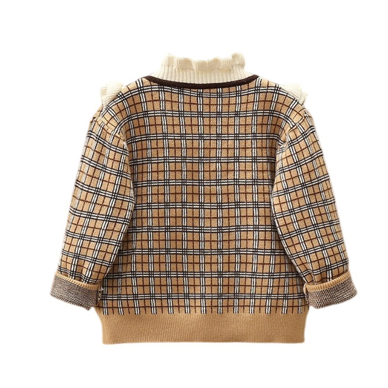 Girls Checked Pattern Ruffle Bowknot Thick Warm Cashmere Sweater