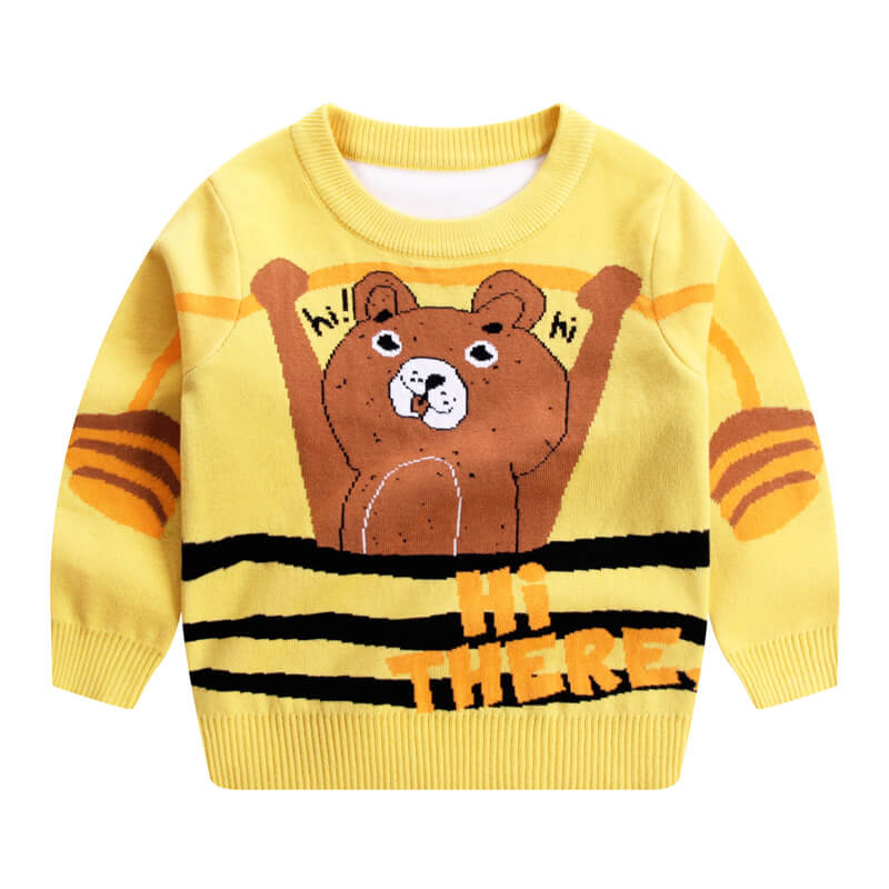 Boys Cute Weightlifting Bear Pattern Lined Cotton Thick Sweater