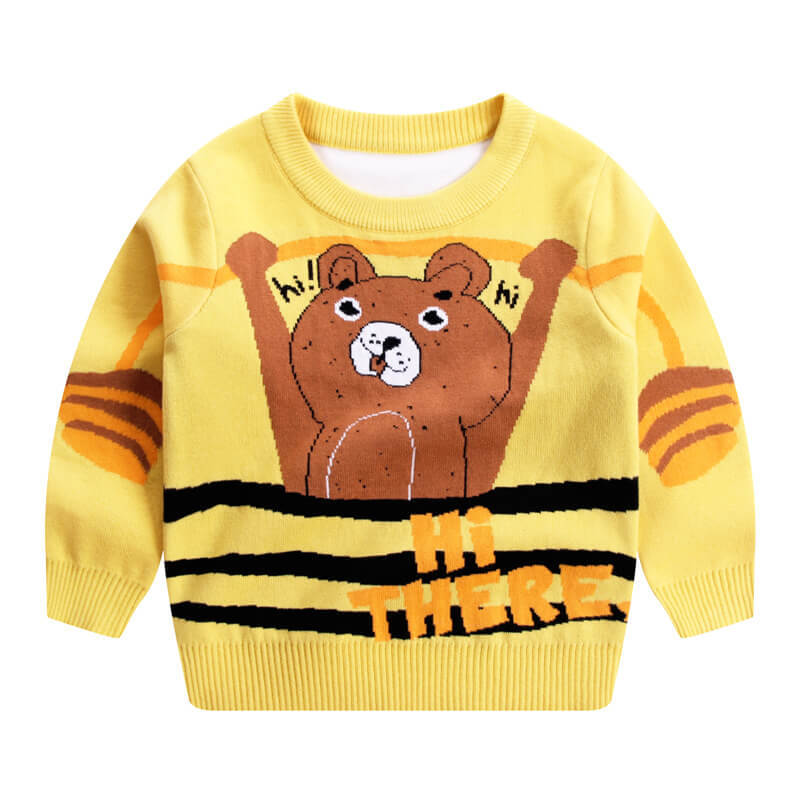 Boys Cute Weightlifting Bear Pattern Lined Cotton Thick Sweater
