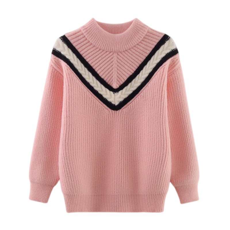 Girls Round Neck Big Cable Knit V Pattern Ribbed Thick Sweater