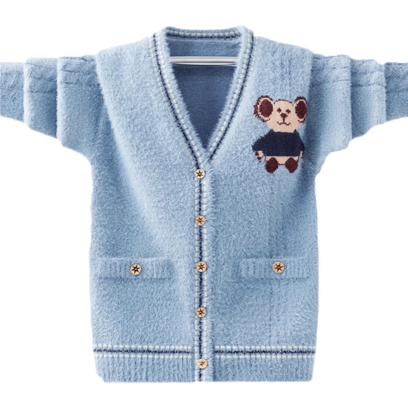 Boys Bear Patch Blue Cardigan Mink Fleece Thick Sweater For Kid