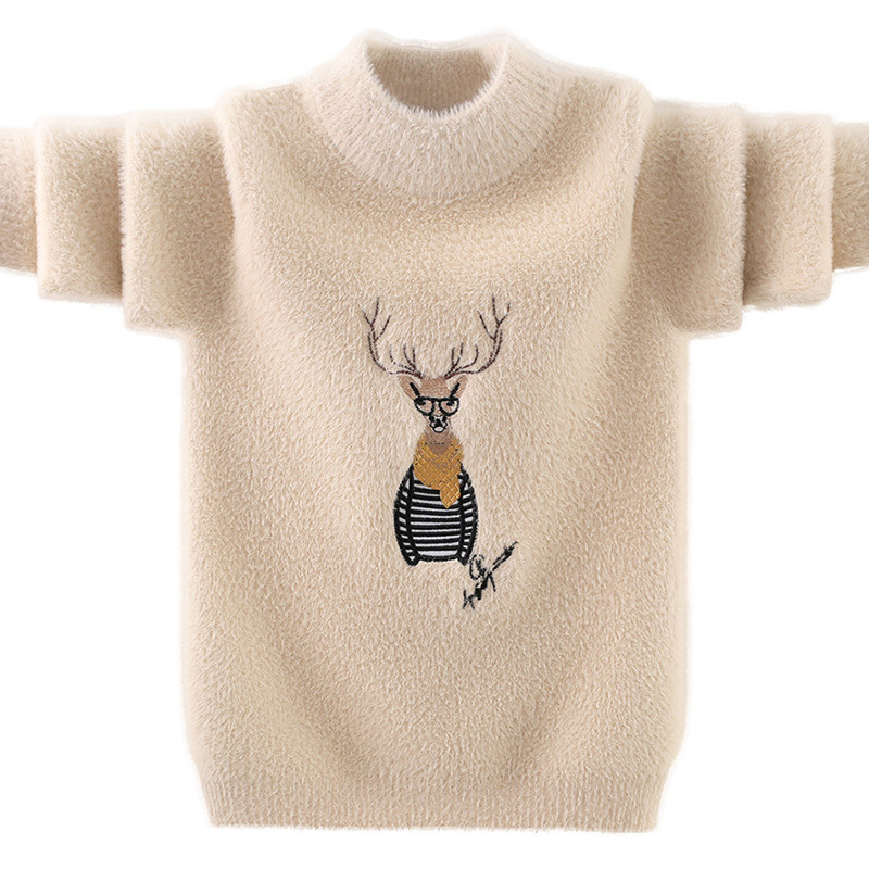 Boys Reindeer With Glasses Pattern Mink Fleece Knit Sweater