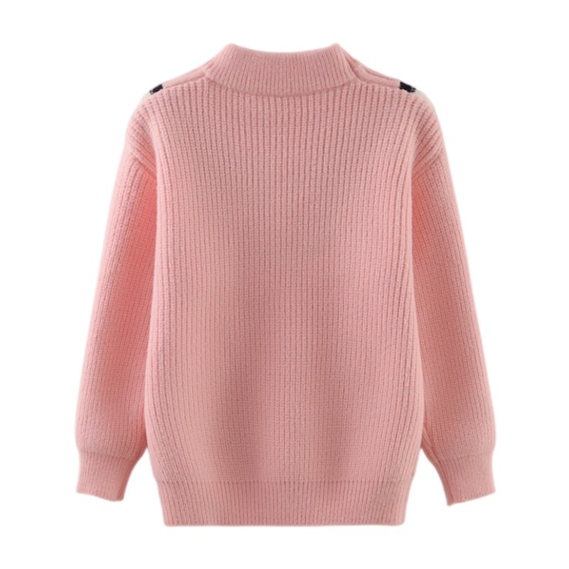 Girls Round Neck Big Cable Knit V Pattern Ribbed Thick Sweater