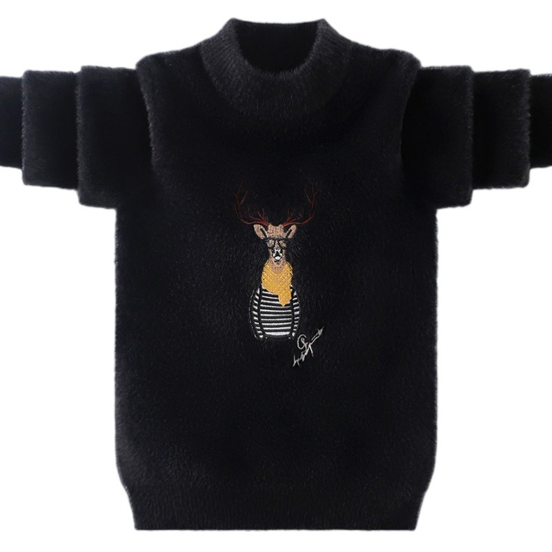 Boys Reindeer With Glasses Pattern Mink Fleece Knit Sweater