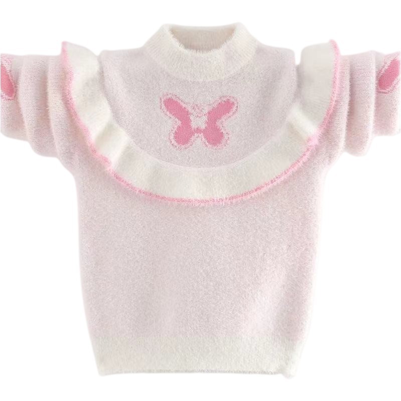 Little Girls Butterfly Pattern Ruffle Top Mink Fleece Sweater