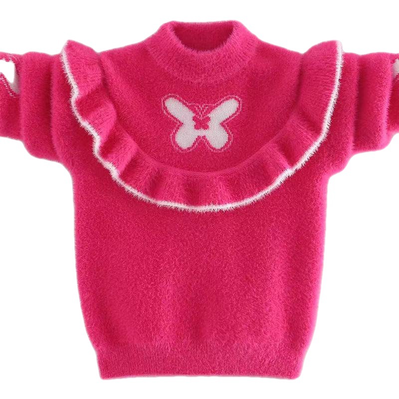 Little Girls Butterfly Pattern Ruffle Top Mink Fleece Sweater