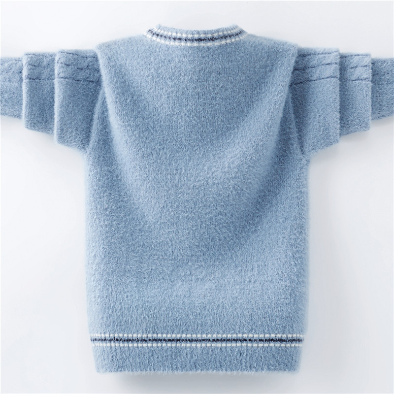 Boys Bear Patch Blue Cardigan Mink Fleece Thick Sweater For Kid