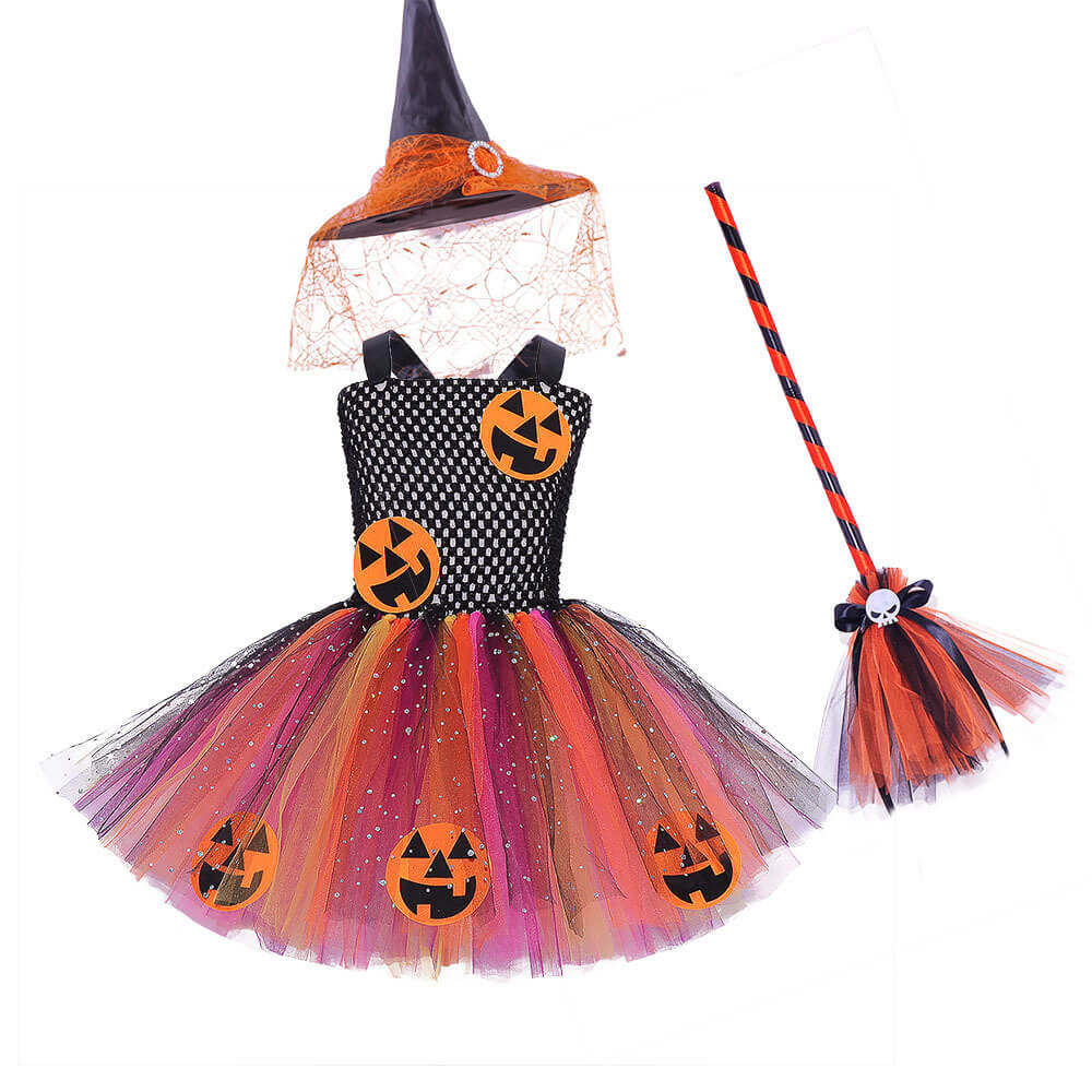 Girls Pumpkin Witch Kids Halloween School Play Cosplay Party Costume