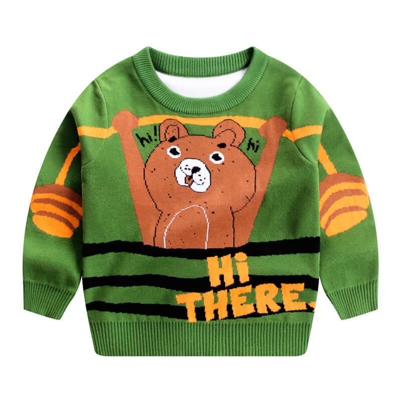 Boys Cute Weightlifting Bear Pattern Lined Cotton Thick Sweater